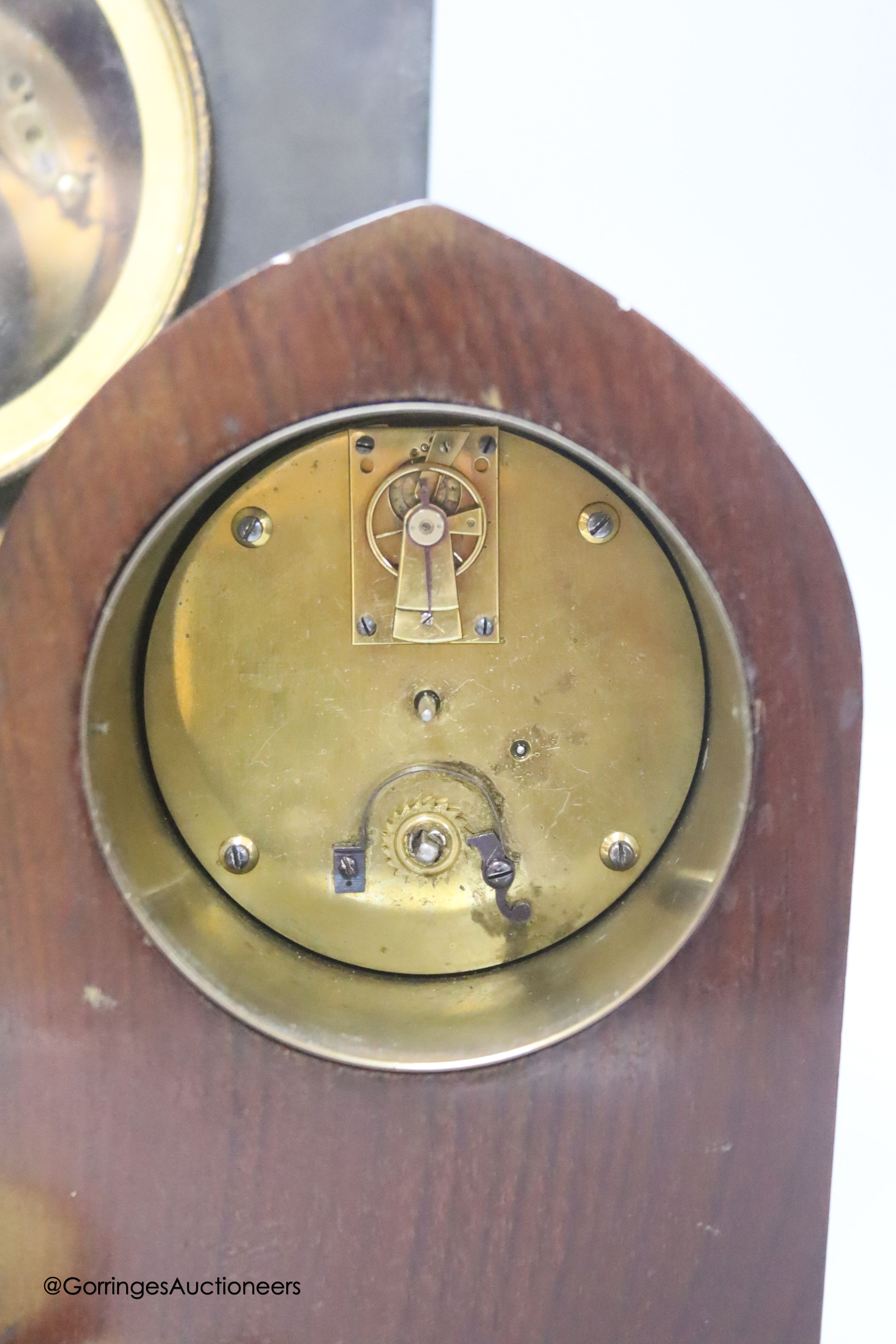 A black slate mantle clock with visible Brocot escapement, height 33cm, and an Edwardian mantel clock